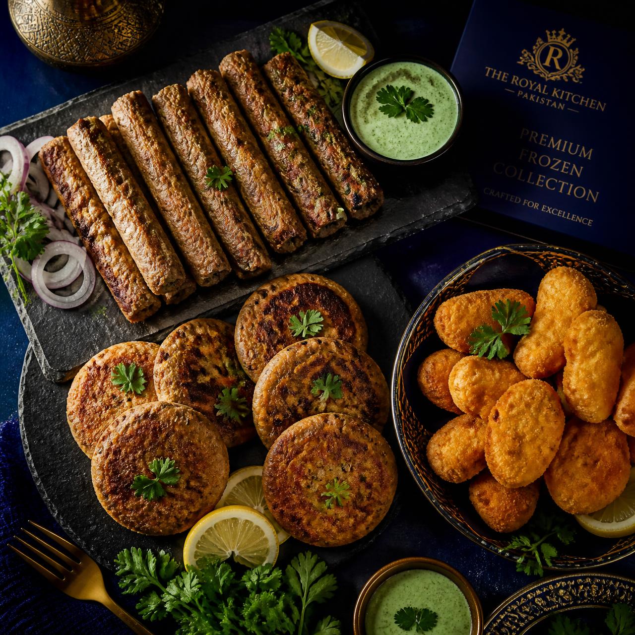 Premium homemade frozen kababs and nuggets platter